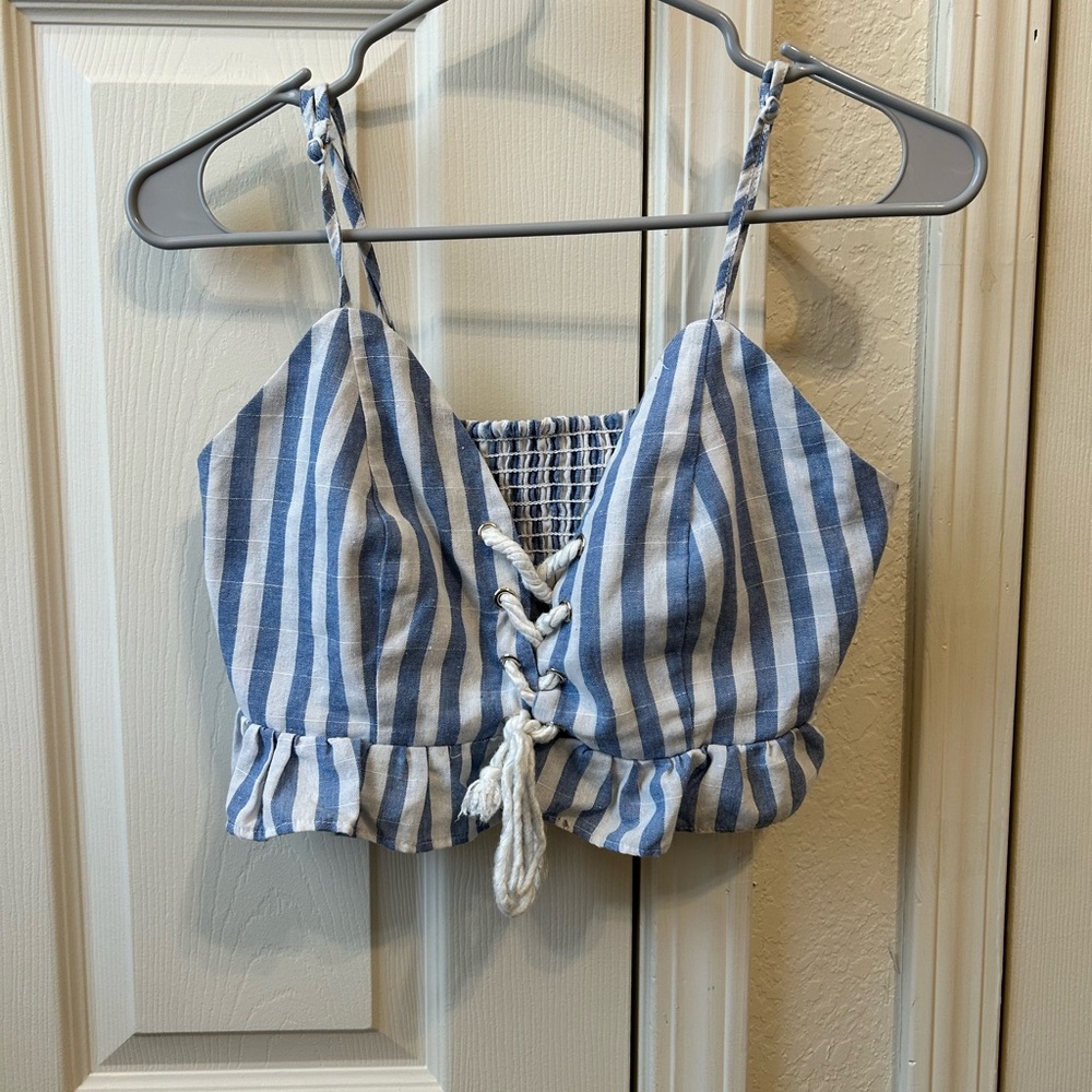 Blue and White Striped Crop Top with Lace-Up Front